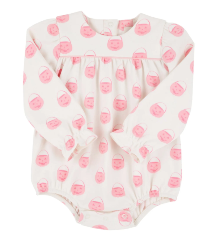 Long Sleeve Patton Play Romper - Vintage Prep Pumpkin Pails with Buckhead Blue
