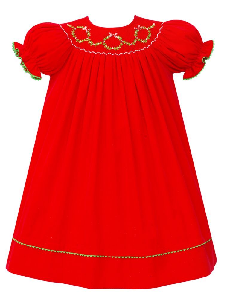 Anavini Girls Red Corduroy Bishop Dress Smocked Holiday Wreaths main image 0