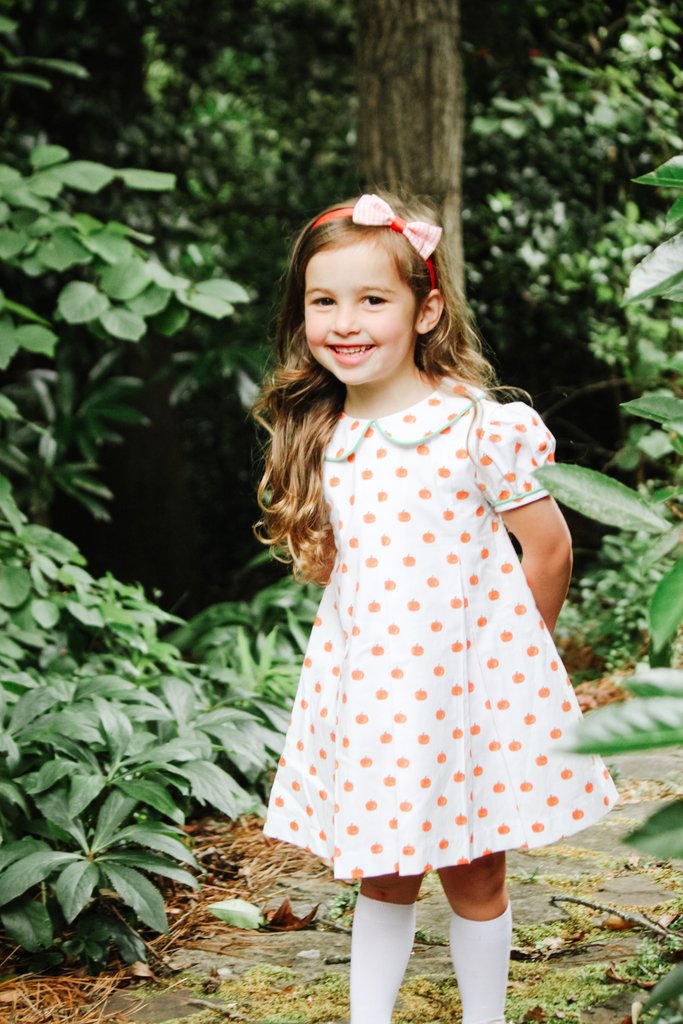 James & Lottie Girls Penny Pleat Dress - Pink with Orange Pumpkins main image 1