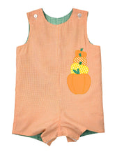 Load image into Gallery viewer, Orange Gingham Reversible Shortall With Pumpkins and Dino
