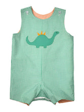 Load image into Gallery viewer, Orange Gingham Reversible Shortall With Pumpkins and Dino
