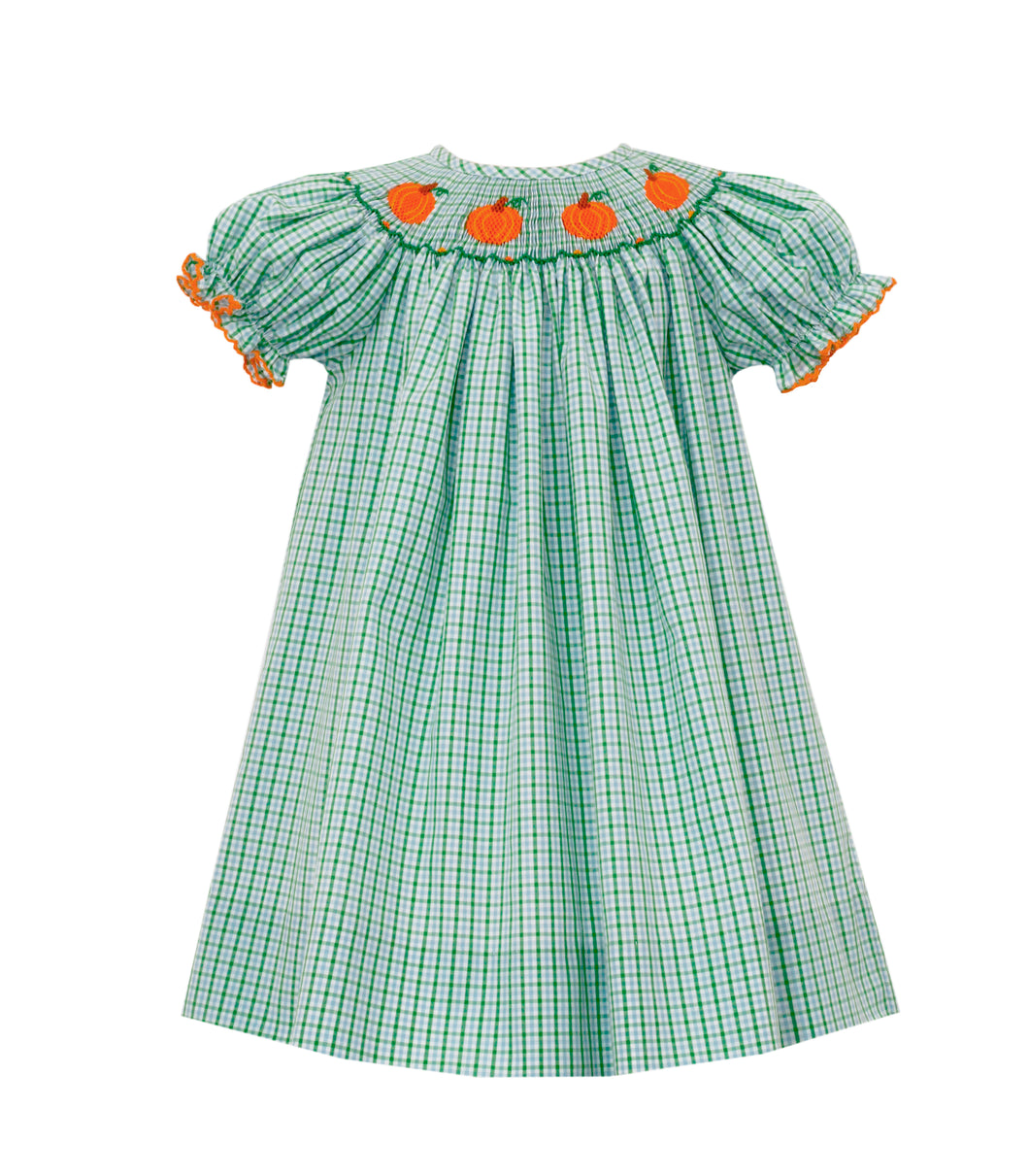 Blue And Green Check Bishop With Pumpkin Smocking