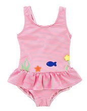 Load image into Gallery viewer, Seersucker Skirted Swimsuit With Undersea Applique
