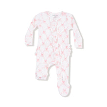 Load image into Gallery viewer, Ribbon Bow Trellis Two Way Ruffle Zipper Footie
