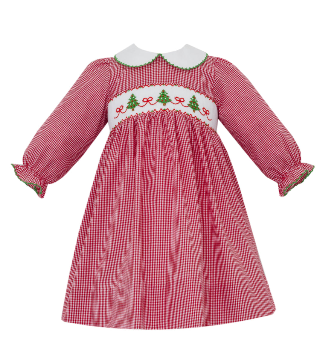 Red Gingham Long Sleeve Dress With Christmas Trees With Bows Smocking