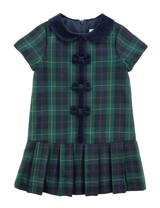 Navy And Green Plaid Dress With Pleated Skirt And Bows