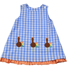 Load image into Gallery viewer, Blue And White Checked Reversible Jumper With Turkeys/Pumpkins
