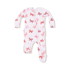 Load image into Gallery viewer, Candy Cane Bows Two Way Ruffle Back Zipper Footie
