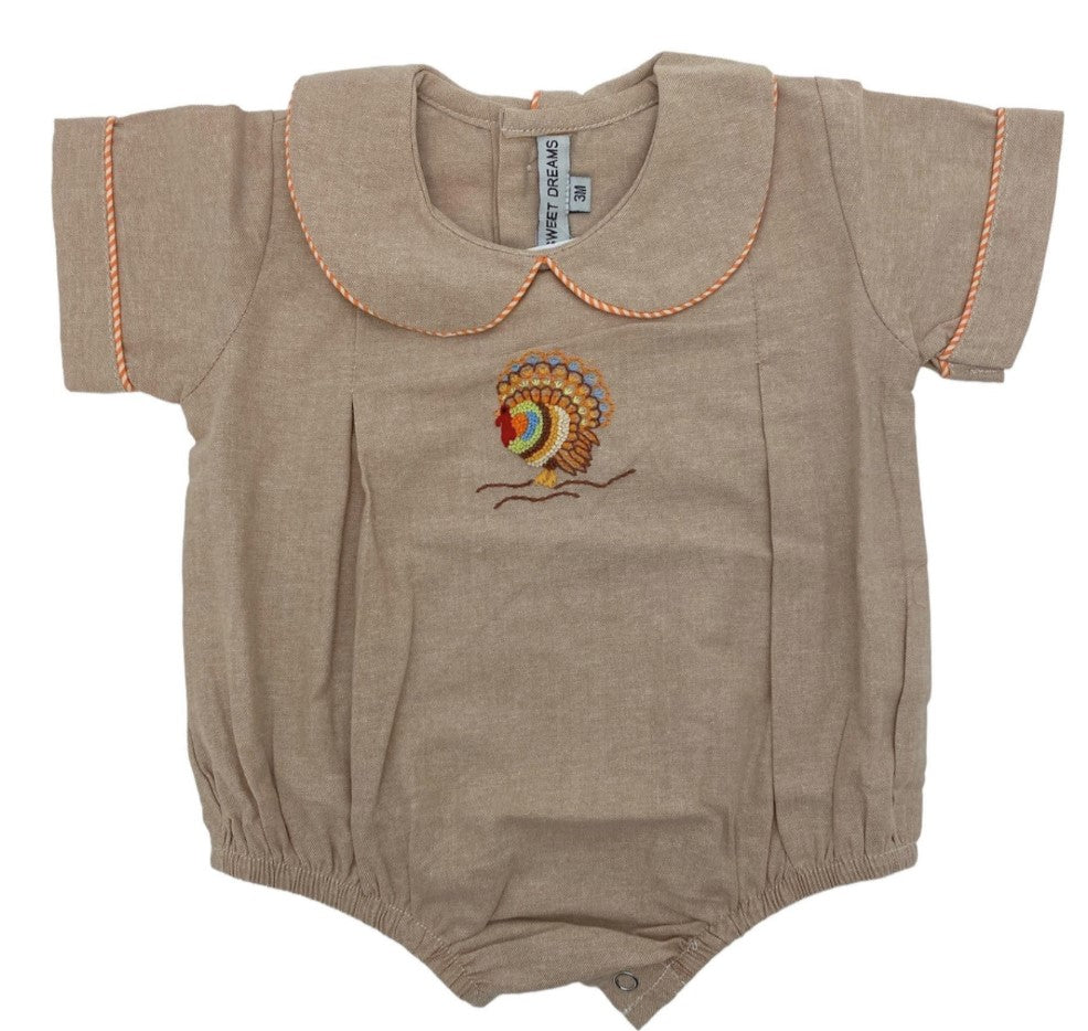 Brown Chambray Turkey Embroidered Boy Bubble