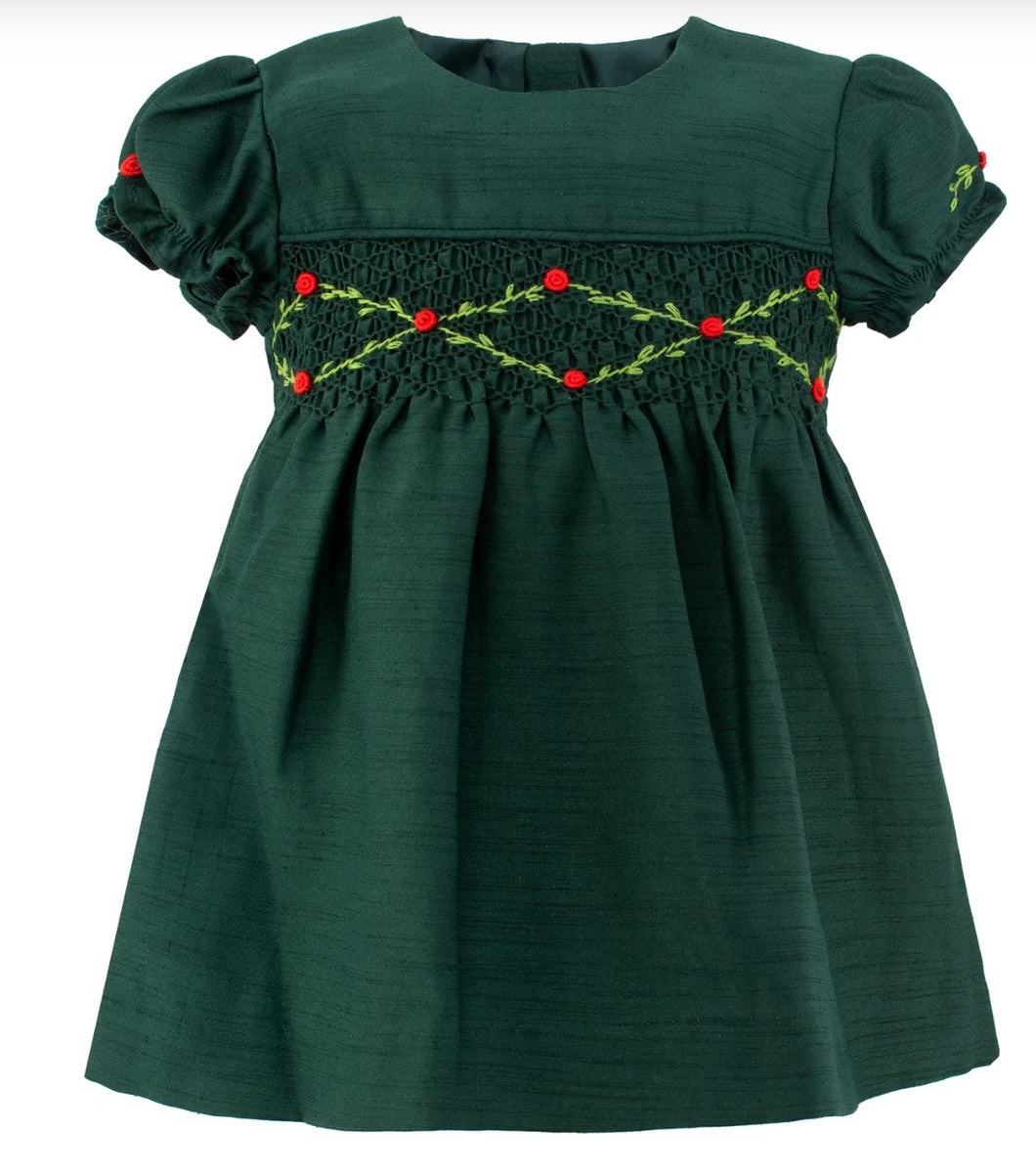 Green Floral Smocked Silk Dress