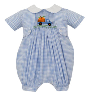 Blue Gingham Pumpkin Truck Short Romper