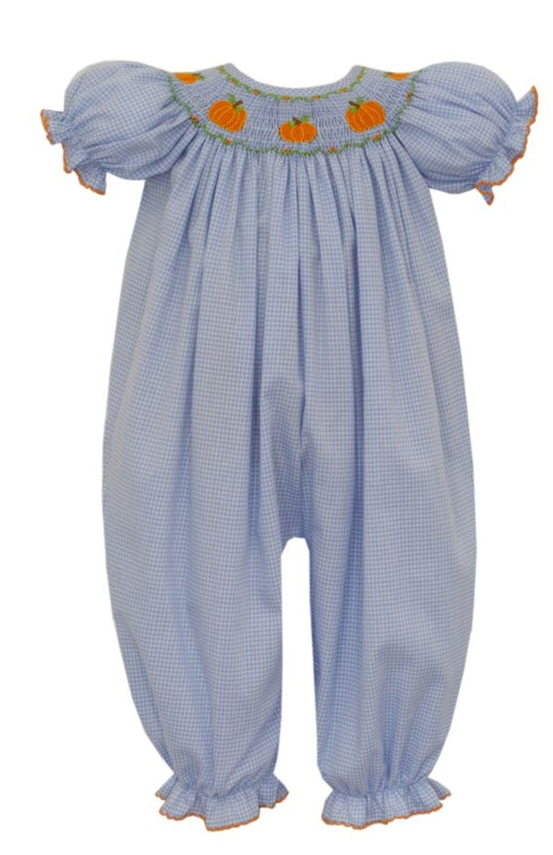 Blue Gingham Long Bishop Bubble With Pumpkin Smocking