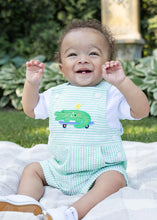 Load image into Gallery viewer, Seersucker Shortall With Skateboarding Gator
