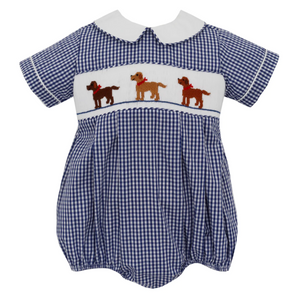 Navy Gingham Bubble With Dog Smocking