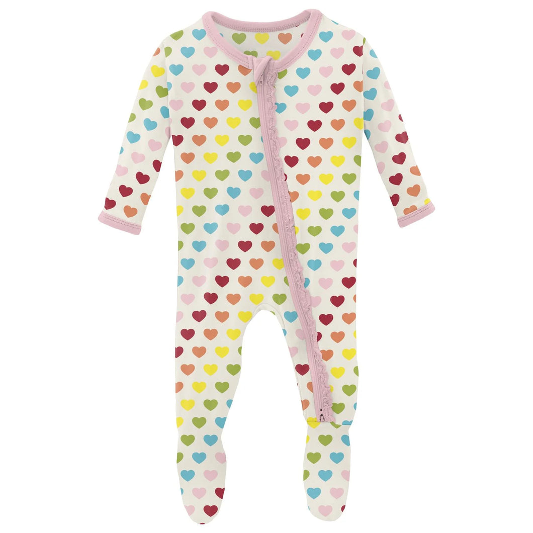 Rainbow Hearts Print Muffin Ruffle Footie With 2-Way Zipper