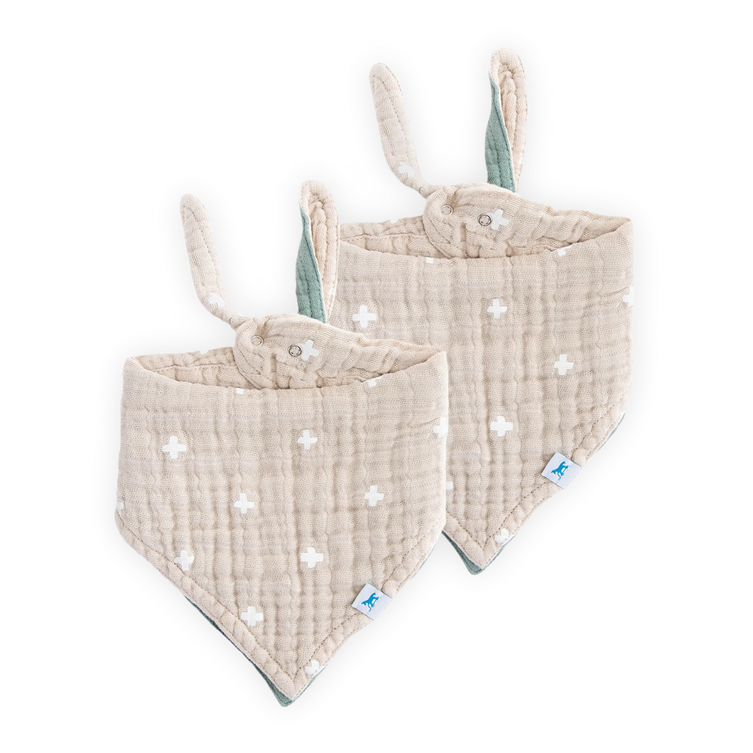 Cotton Muslin Reversible Bandana Bib 2 Pack - Taupe Cross