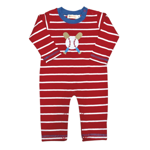 Red Stripe Long Sleeve Romper With Baseball and Two Bats