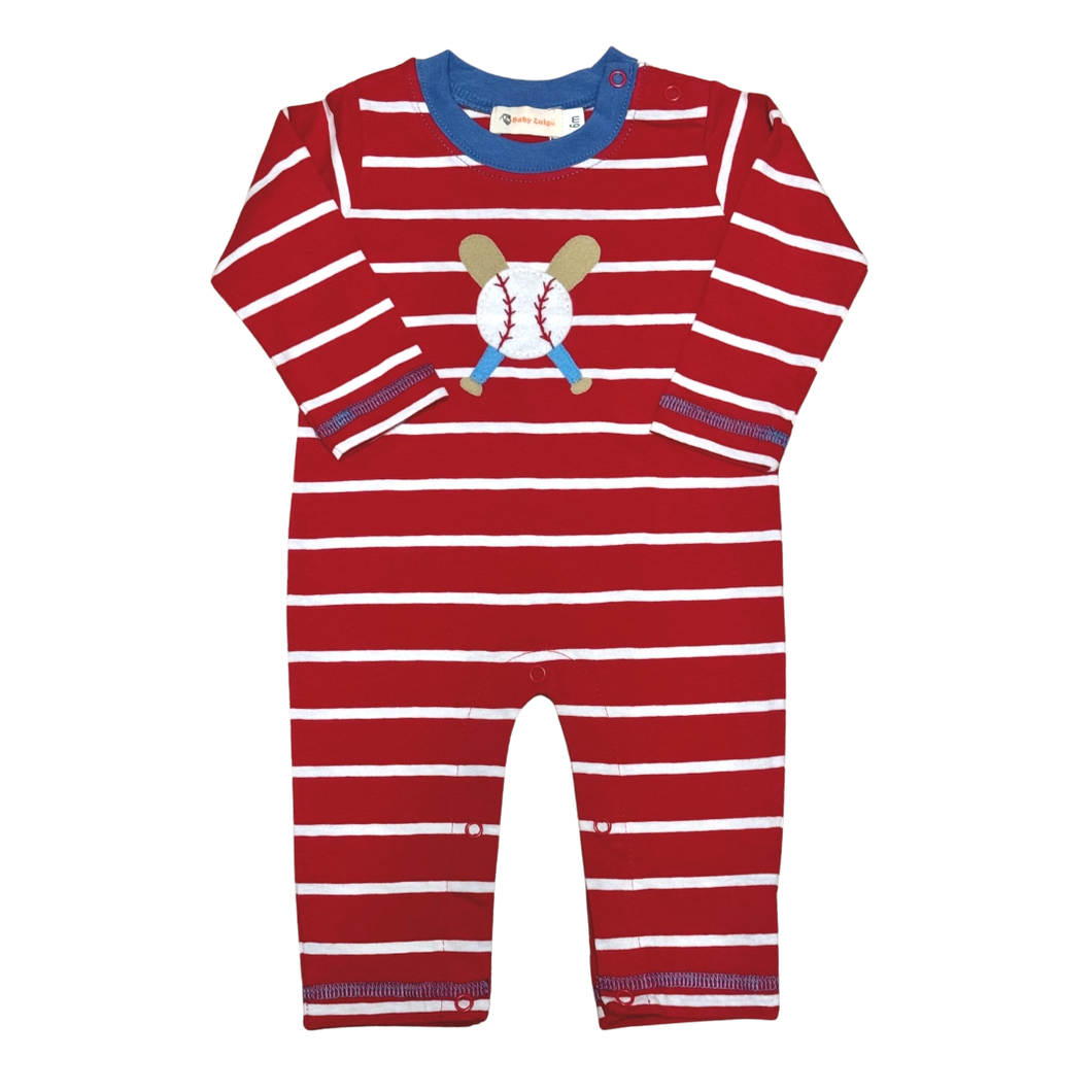 Red Stripe Long Sleeve Romper With Baseball and Two Bats