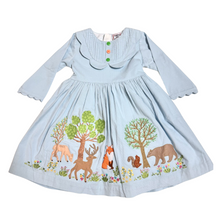 Load image into Gallery viewer, Blue Corduroy Woodland Embroidered Dress
