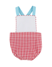 Load image into Gallery viewer, Sayre Sunsuit - Richmond Red Gingham With Belhaven Blue And Worth Avenue White
