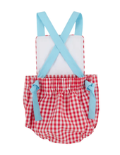 Load image into Gallery viewer, Sayre Sunsuit - Richmond Red Gingham With Belhaven Blue And Worth Avenue White
