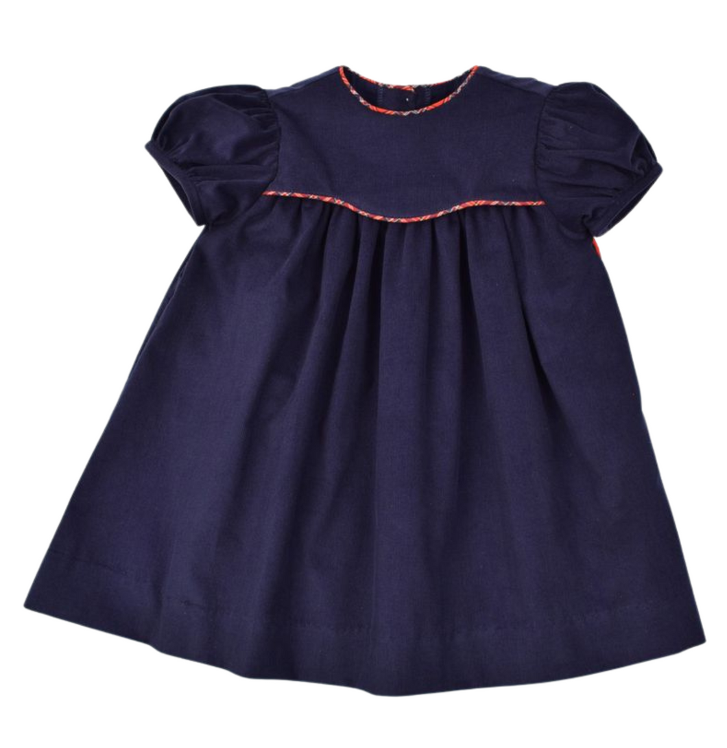 Navy Scalloped Float Dress With Plaid Cording Trim