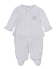 Load image into Gallery viewer, Premier Rose Bow Footie with Hand Embroidery - White with Light Blue
