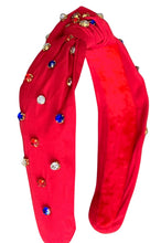 Load image into Gallery viewer, Patriotic Red, White And Blue Jeweled Top Knot Headband
