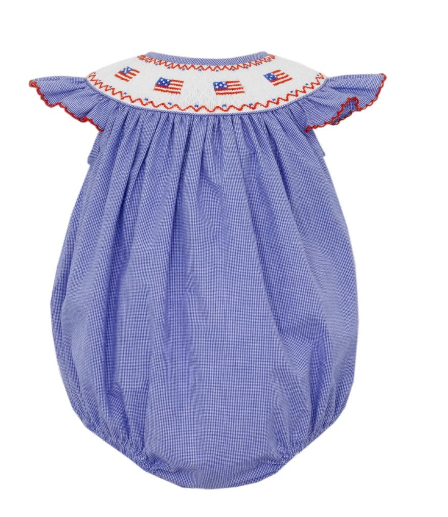 Blue Check Angel Wing Bishop Bubble With Smocked Flags