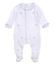 Load image into Gallery viewer, Skylar's Classics Scattered Ruffle Footie - Sky Blue

