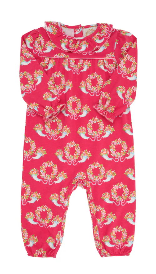 Ramona Long Sleeve Ruffle Romper - Bows & Berries With Hamptons Hot Pink