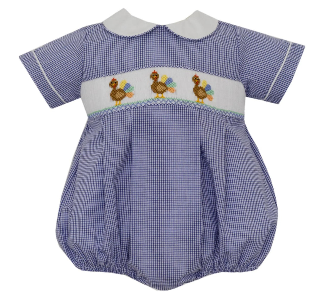 Navy Check Boys Bubble With Turkey Smocking