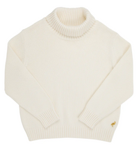 Load image into Gallery viewer, Townsend Turtleneck Sweater - Palmetto Pearl with Coral Gables Gold Metallic Stork
