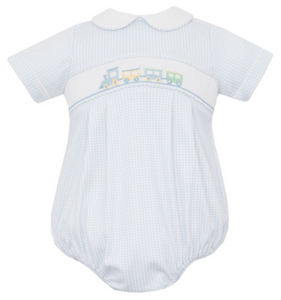Blue Gingham Knit Bubble With Train Smocking – Belles & Beaux®