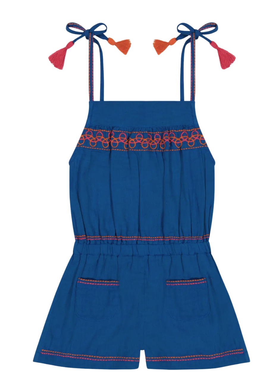 Inez Shoulder Tie Romper - Blue Embroidery