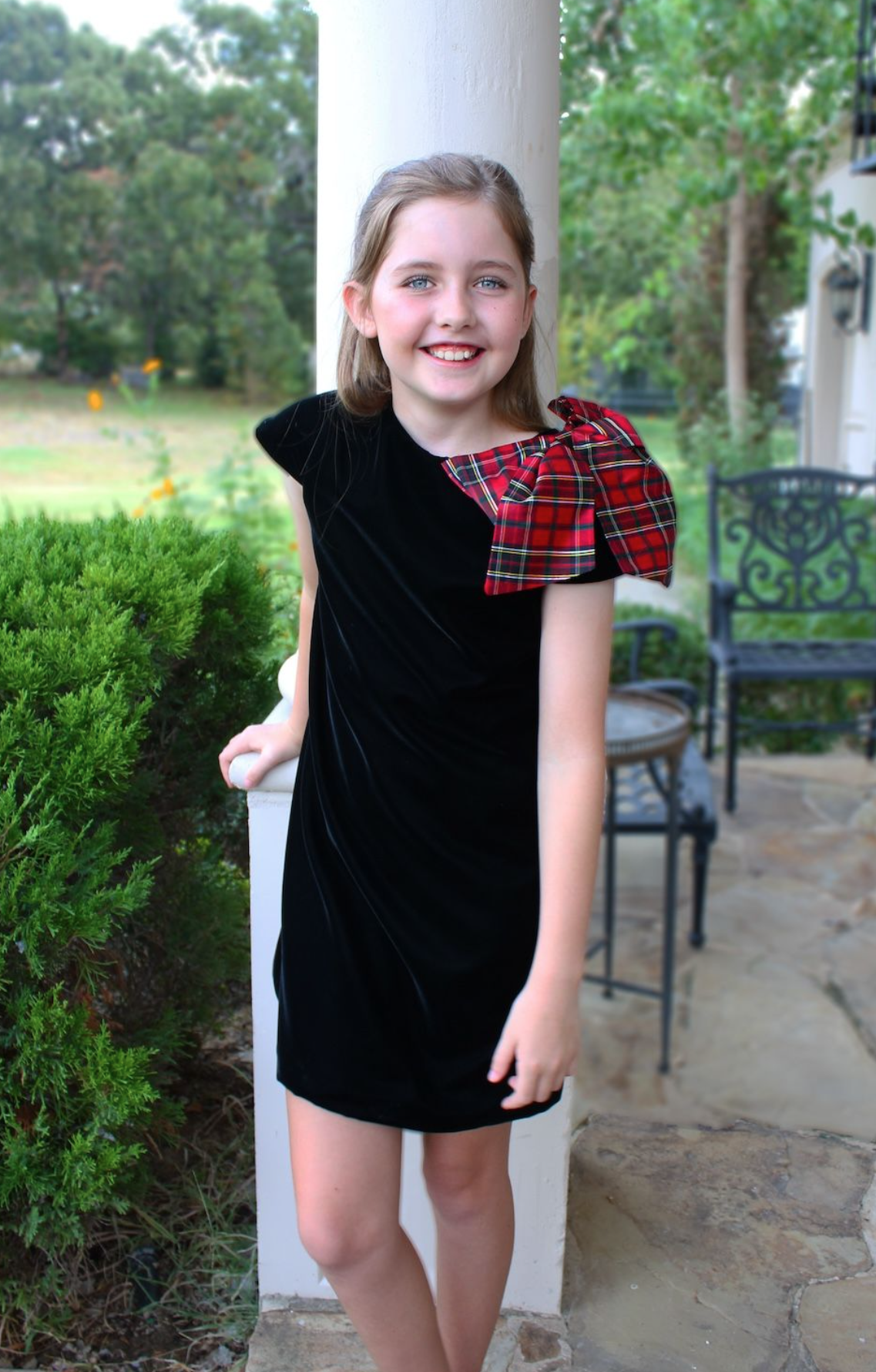 Black Holiday Plaid Velvet A-Line Dress With Bow Belles & Beaux Black Holiday Plaid Velvet A-Line Dress With Bow Belles & Beaux
