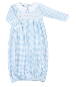 Mini Checks Spring 24 Boys Smocked Collared Pleated Gown - Light Blue