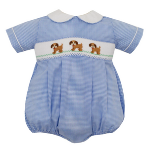 Blue Gingham Boys Bubble With Smocked Puppies