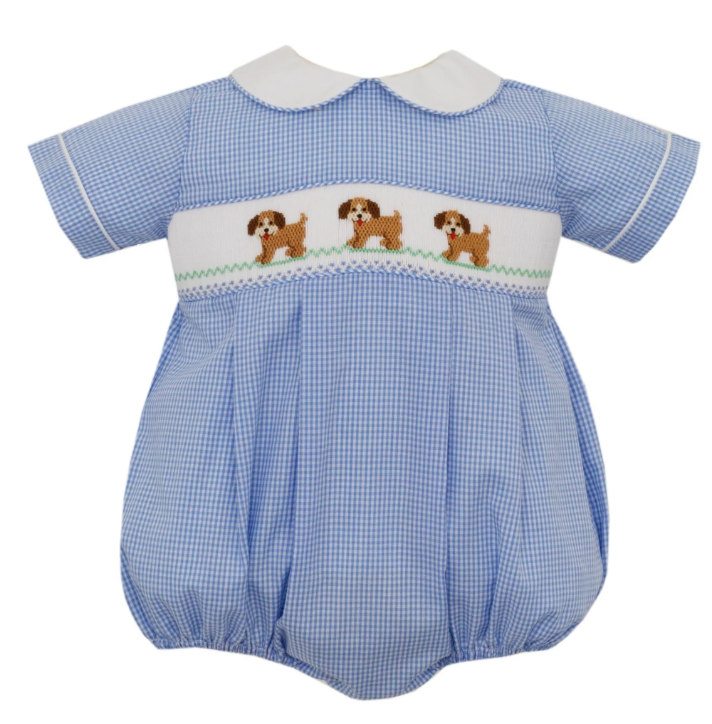 Blue Gingham Boys Bubble With Smocked Puppies