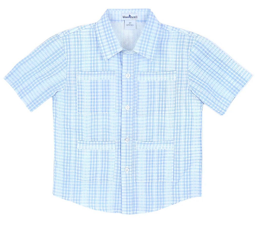 Blue Plaid Guayabera Short Sleeve Shirt
