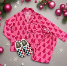 Load image into Gallery viewer, Dreaming Of A Pink Christmas Silky Satin Long Pajama Set
