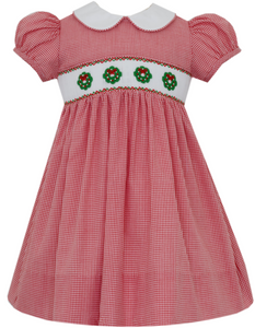 Red Check Dress With Wreath Smocking