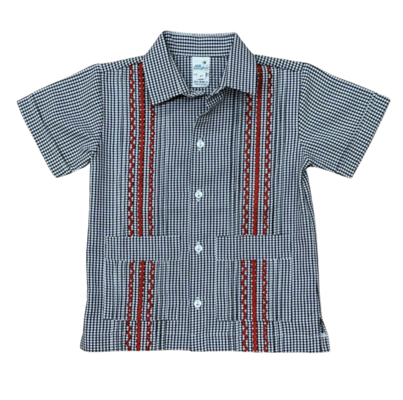 Black Gingham Guayabera Shirt With Red Stitching