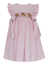 Load image into Gallery viewer, Pink Gingham Side Bow Dress With Smocked Puppies

