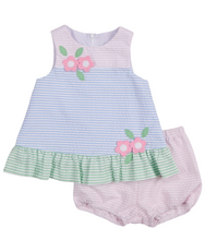 Load image into Gallery viewer, Seersucker Dress And Bloomer Set With Flowers
