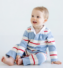 Load image into Gallery viewer, Sir Proper's Rugby Romper - Barrington Blue, Richmond Red, &amp; Palmetto Pearl Stripe
