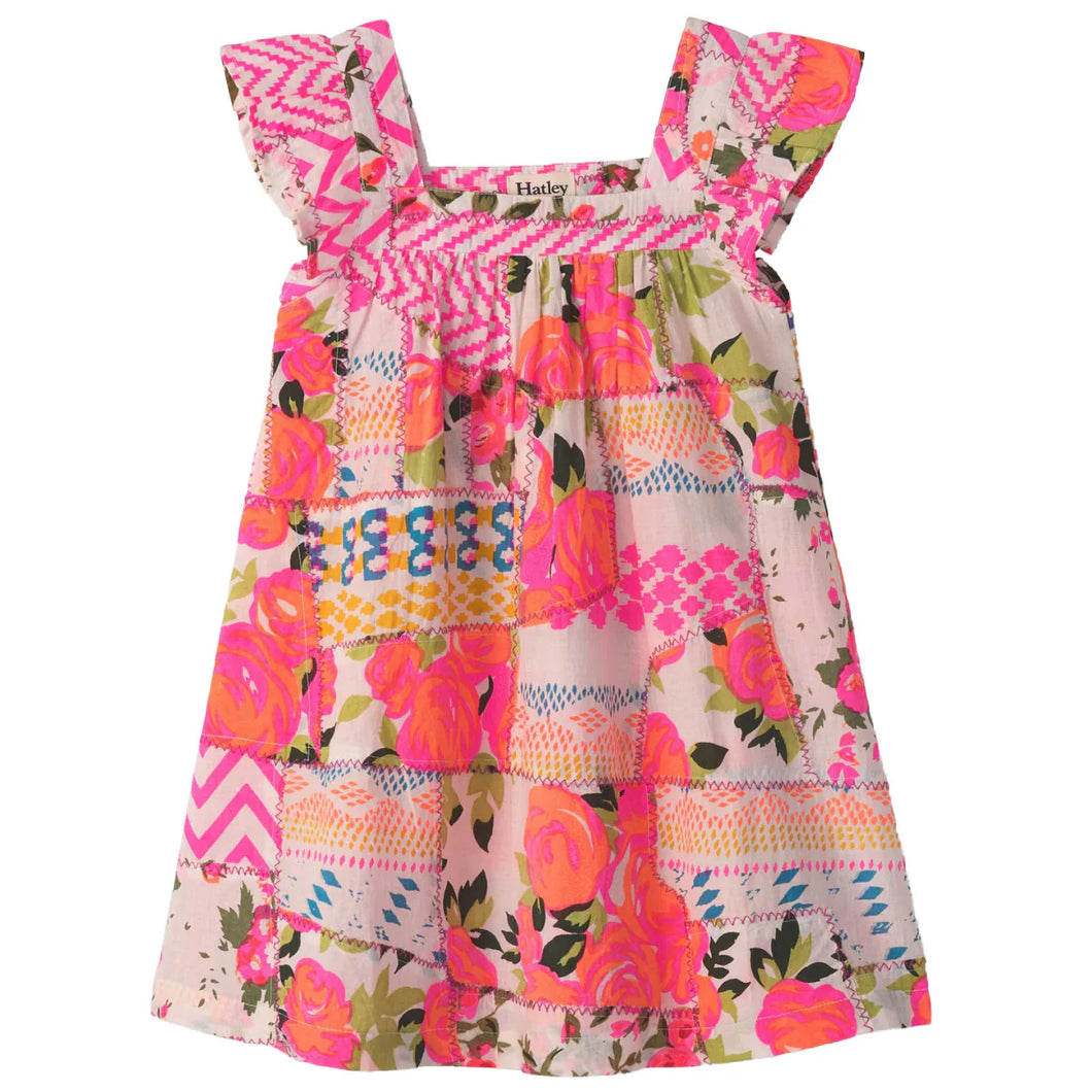 Floral Patchwork Flutter Puff Dress