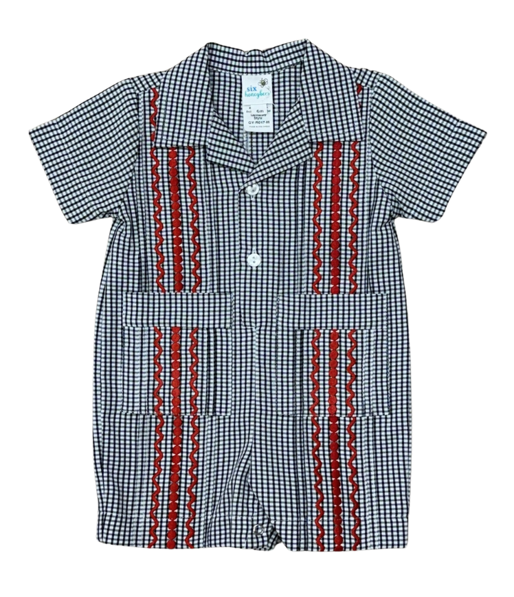 Black Gingham Guayabera Romper With Red Stitching