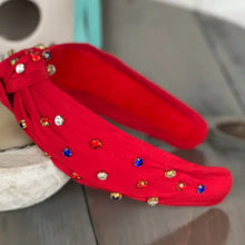 Load image into Gallery viewer, Patriotic Red, White And Blue Jeweled Top Knot Headband
