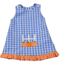 Load image into Gallery viewer, Blue And White Checked Reversible Jumper With Turkeys/Pumpkins
